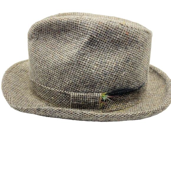 Grandpa Hat 70s JC Penny Mens Tan Gray Check Fitted Comfort Fedora Size 7 1/8